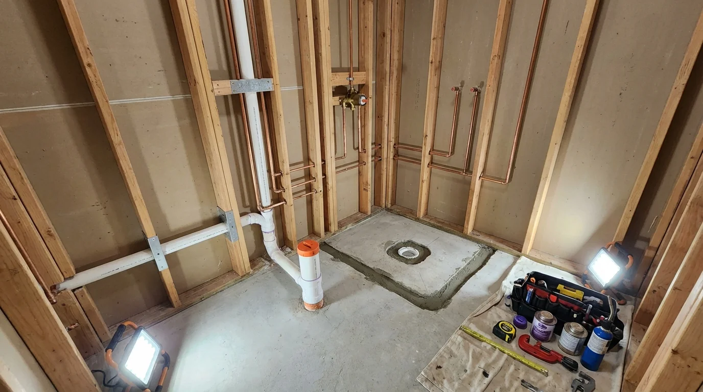 Bathroom rough-in plumbing during remodel by Johns Plumbing LLC in Kiln