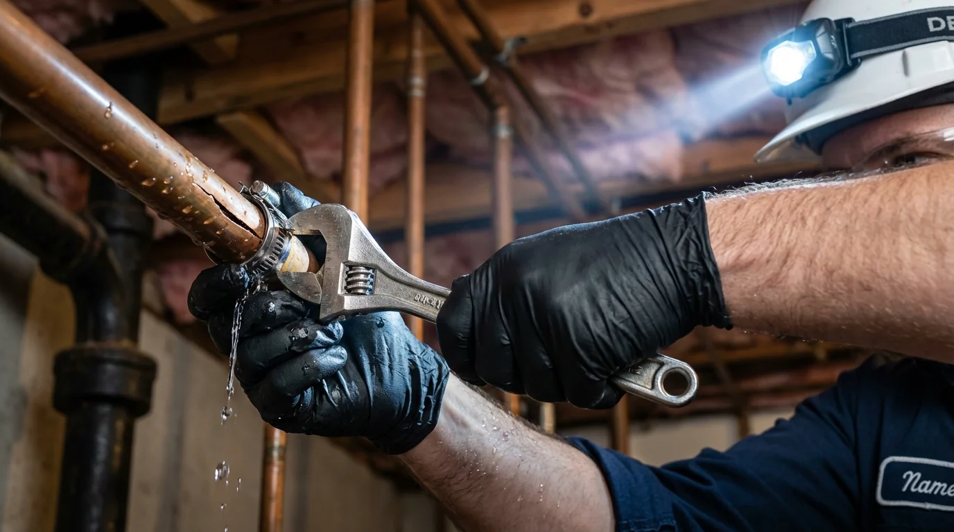 Emergency pipe clamp repair being performed by a Johns Plumbing LLC plumber in Kiln