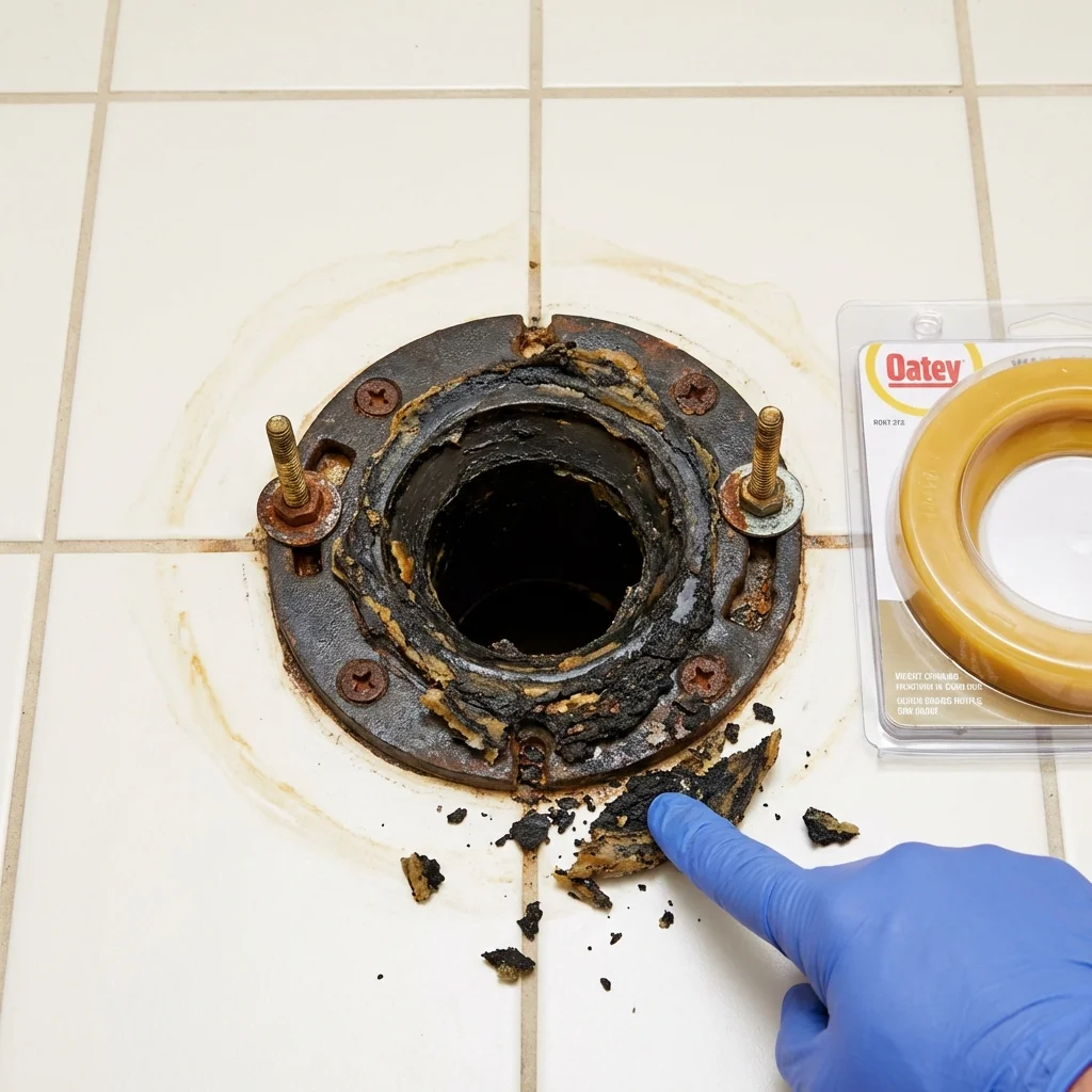 Failed wax ring showing water seepage at the base of a toilet in a Kiln, MS home