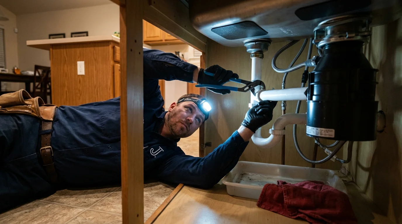 P-trap and supply line connections under a kitchen sink showing a common leak point in Kiln, MS